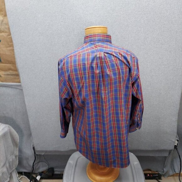 Land's End Size 16.5-32 No Iron 100% Cotton Plaid Button Down Shirt Blue Red - Picture 4 of 5